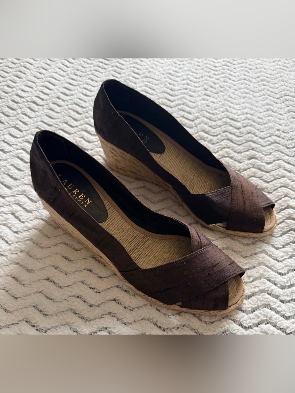 Lauren Ralph Lauren Cecilia Brown Shantung Espadrilles Wedge Slip On Shoes Sz 8B